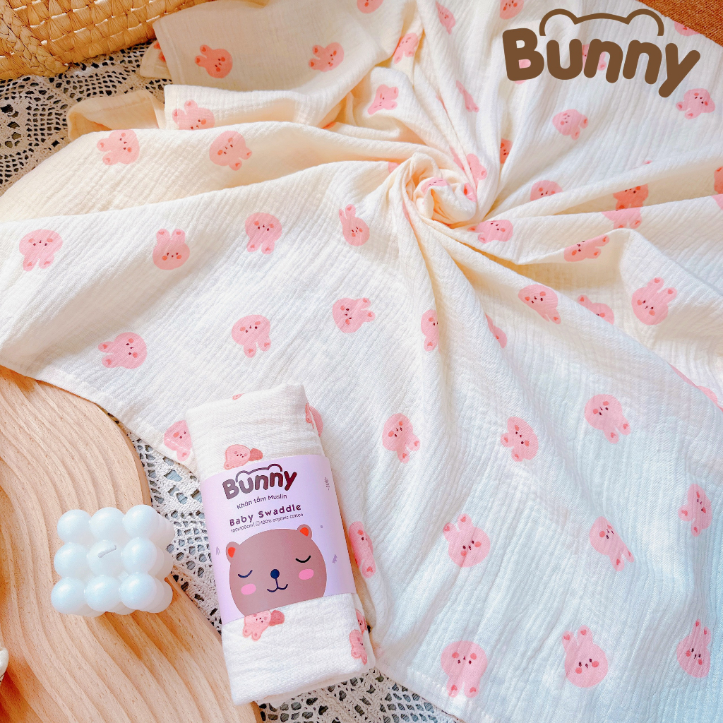 Khăn tắm xô Muslin sợi tre Kidsworld Bunny chính hãng 2 lớp đa năng cho bé kích thước 1m*1m