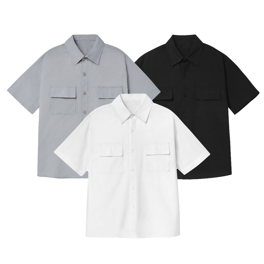 Áo Sơ Mi Đũi Cộc Tay Form Rộng Toki Store Unisex Áo Sơ Mi Lenen 3 Màu Đen/Xám/Trắng