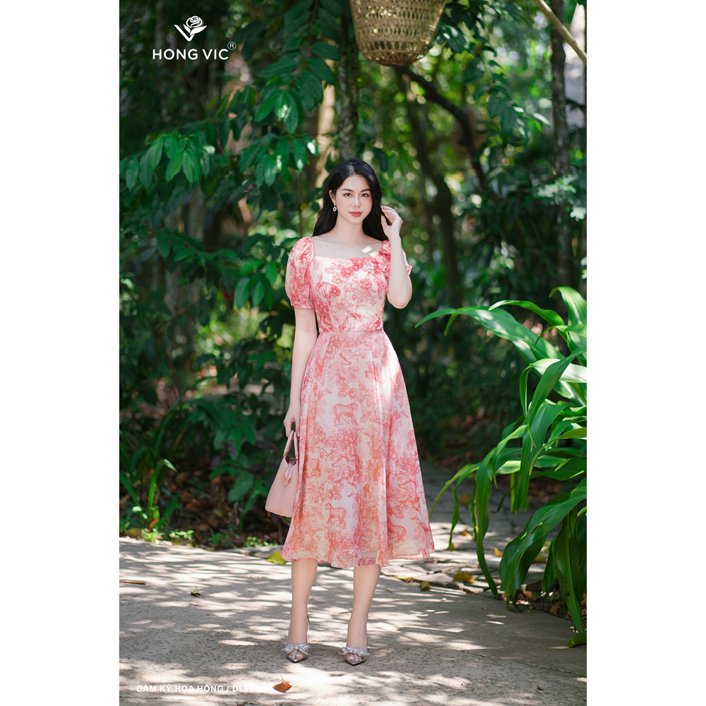 Đầm nữ thiết kế Hong Vic ký họa hồng DL604