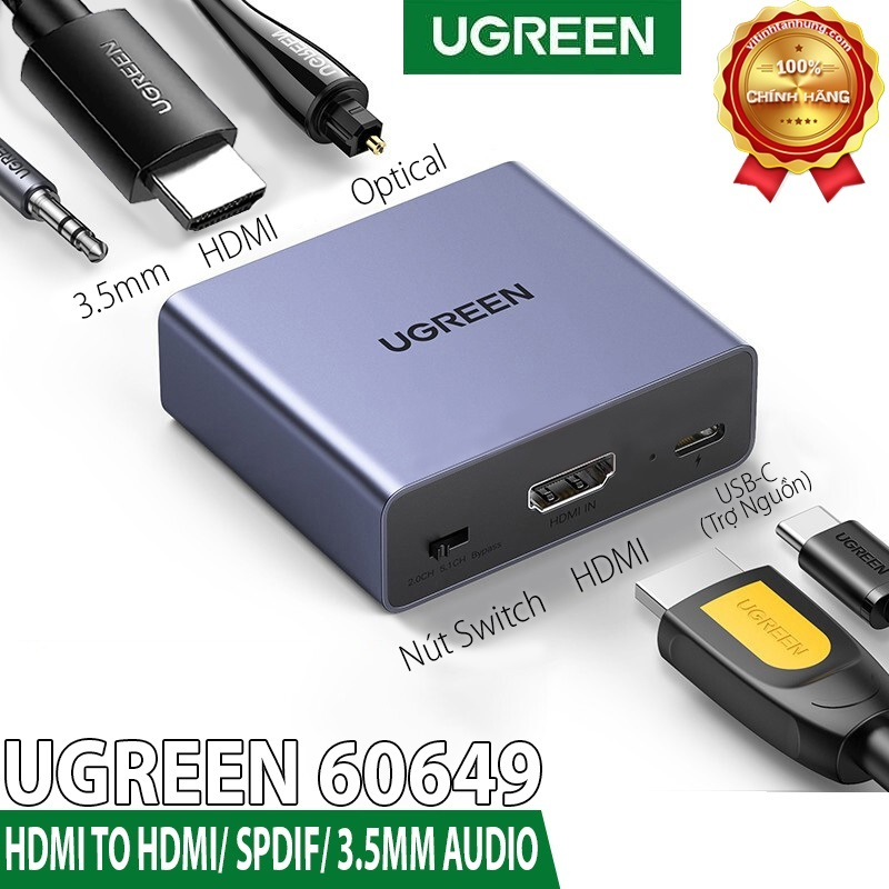 Bộ Chia HDMI ra HDMI kèm Audio 3.5mm / Optical Chính Hãng UGREEN 60649 Cao Cấp