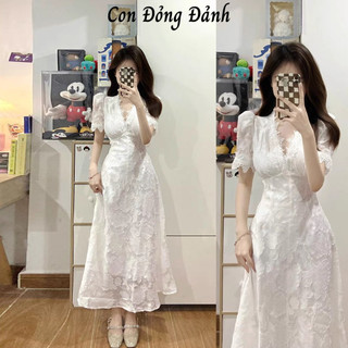 [ORDER] Đầm Ren Trắng Dáng Dài Cổ V Tay Phồng - Váy Đi Tiệc Màu Trắng  VD093 Con Đỏng Đảnh