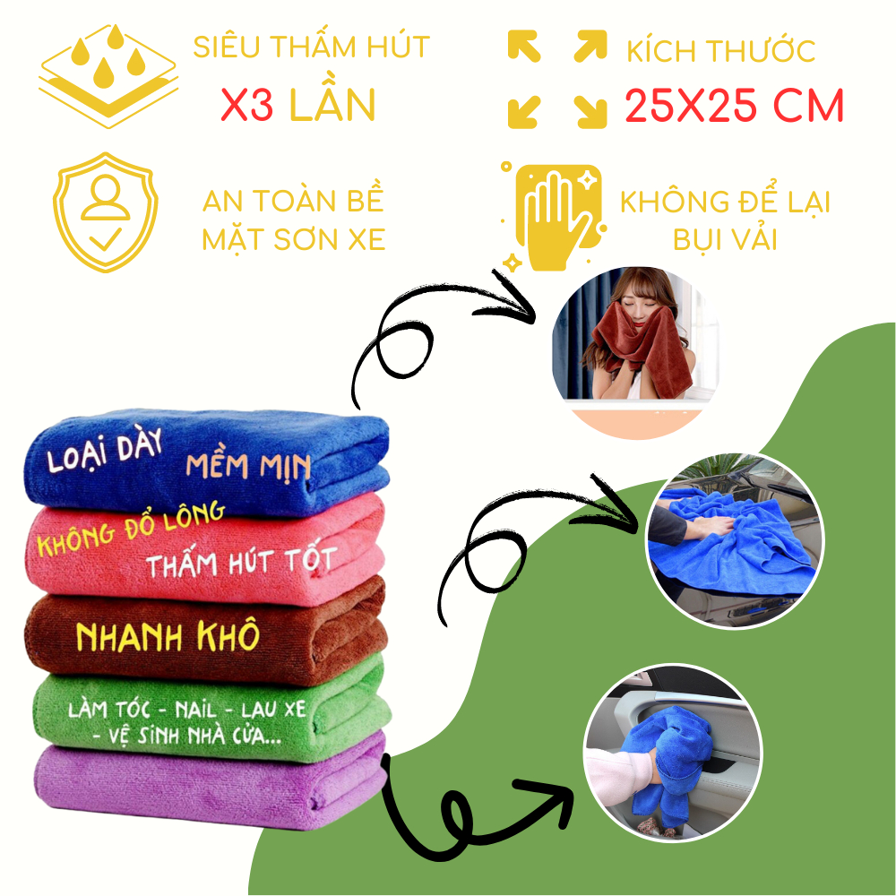 Khăn lau đa năng siêu thấm không sổ lông Microfiber chuyên dùng lau xe ô tô xe máy nhà bếp bàn kính ĐNB