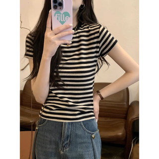 Áo thun nữ kẻ sọc xám tiêu 2 màu đen hồng vải cotton 100% co dãn 4 chiều MA059