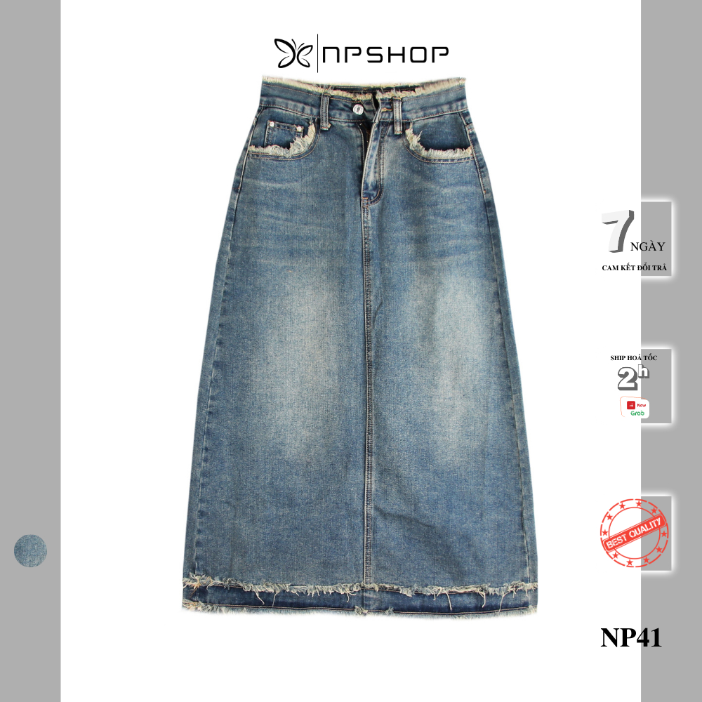 Chân váy jean dài tua rua, váy denim cổ điển NP41