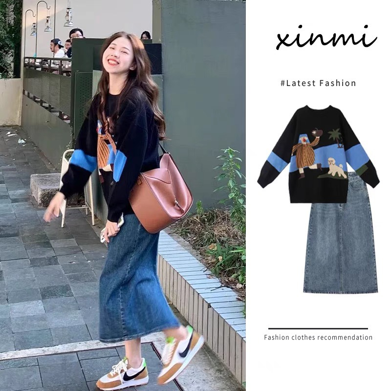 (ORDER) Áo len MORAN màu đen họa tiết style vintage Hàn Quốc dáng suông rộng dài (hàng QCL1)