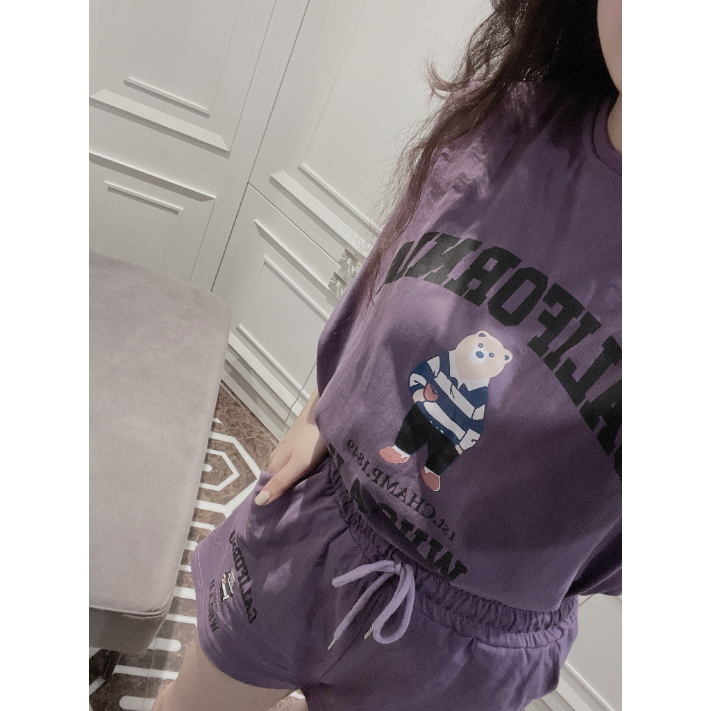 Set Tank top hình gấu 2 lớp chất cotton form từ 40 - 65kg màu be và tím