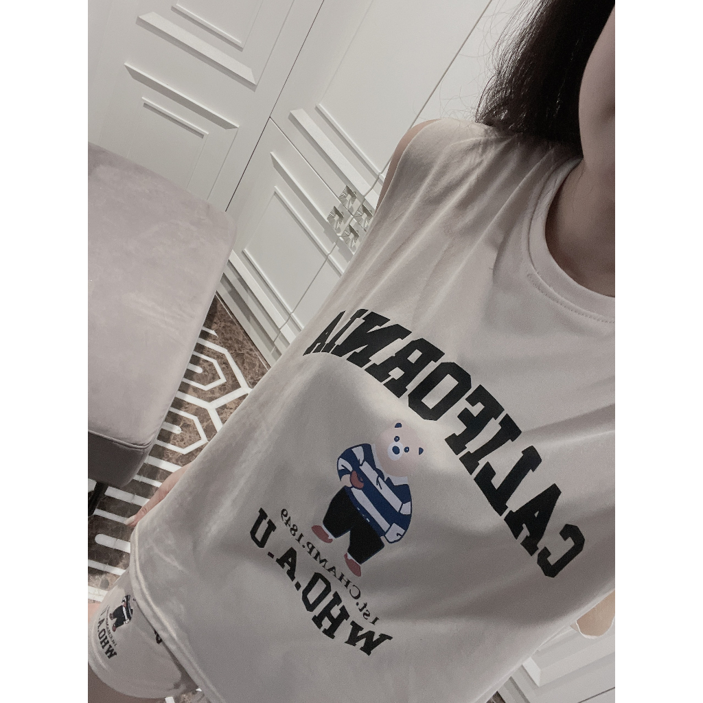 Set Tank top hình gấu 2 lớp chất cotton form từ 40 - 65kg màu be và tím