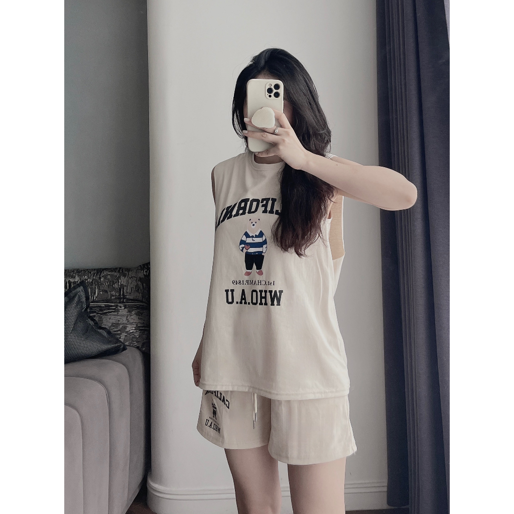 Set Tank top hình gấu 2 lớp chất cotton form từ 40 - 65kg màu be và tím