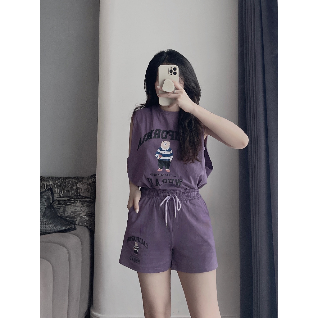 Set Tank top hình gấu 2 lớp chất cotton form từ 40 - 65kg màu be và tím