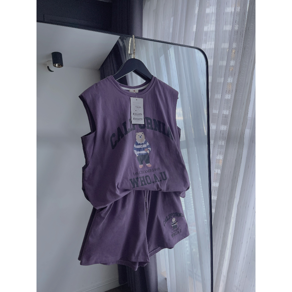 Set Tank top hình gấu 2 lớp chất cotton form từ 40 - 65kg màu be và tím