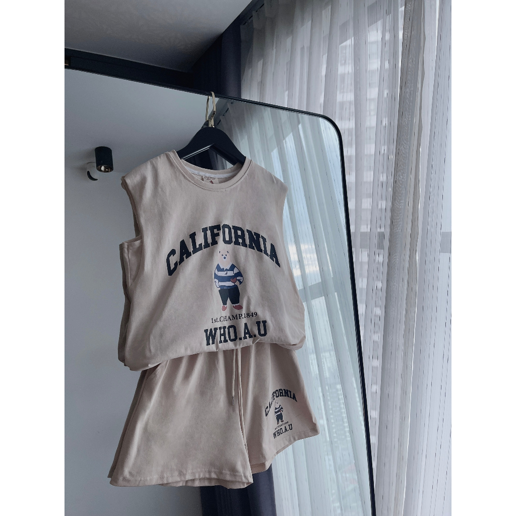 Set Tank top hình gấu 2 lớp chất cotton form từ 40 - 65kg màu be và tím