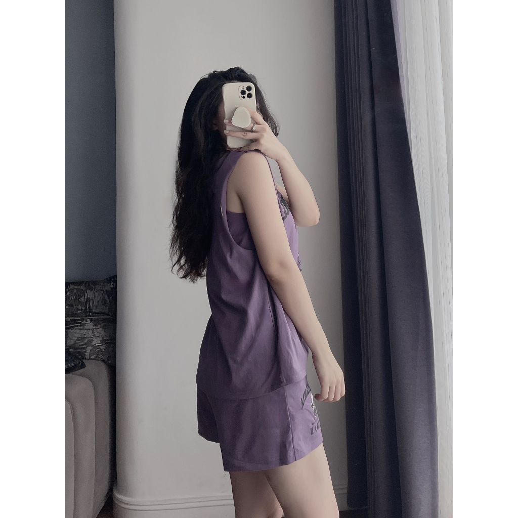 Set Tank top hình gấu 2 lớp chất cotton form từ 40 - 65kg màu be và tím