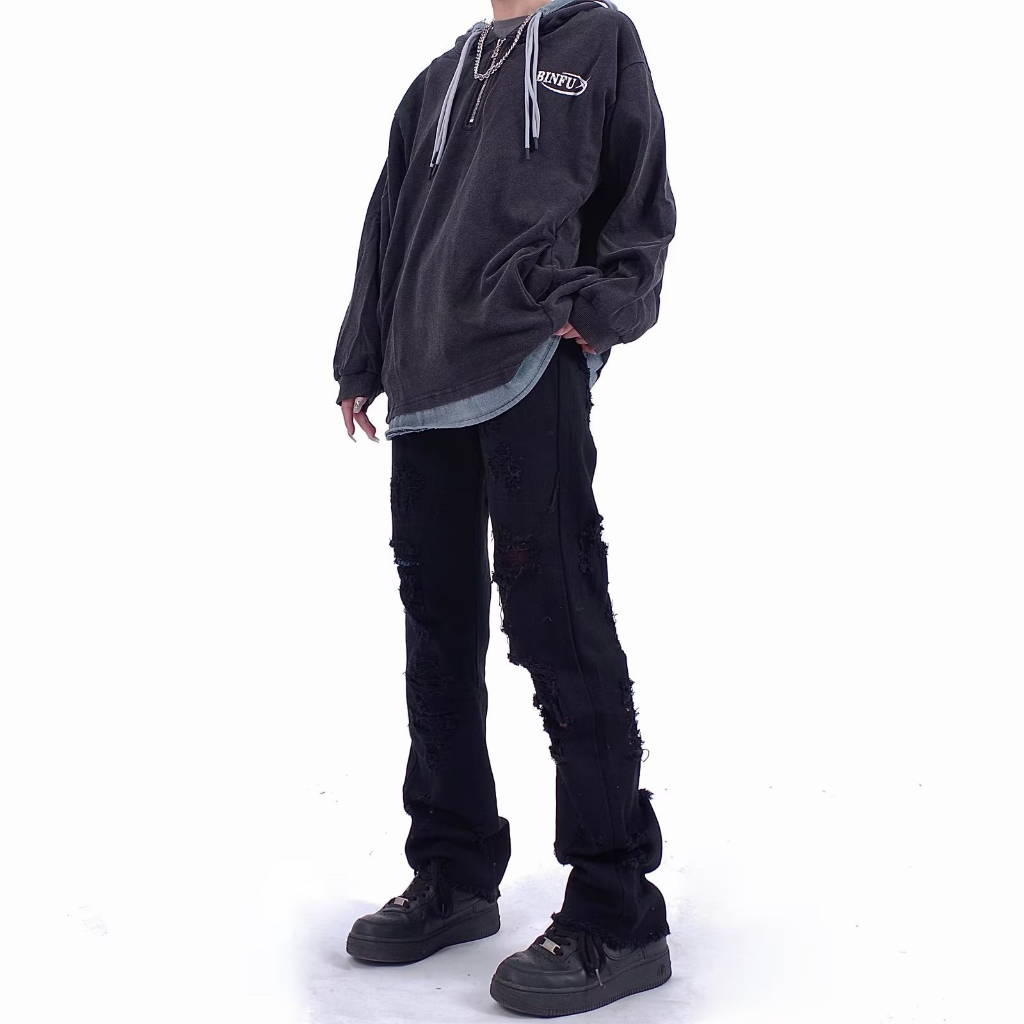 Quần Jeans Thêu Chữ Ống Rộng Họa Tiết Unisex Hiphop BluuWear