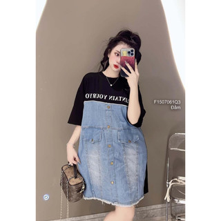 Đầm jean dáng suông phối thun cổ tròn tay ngắn!
