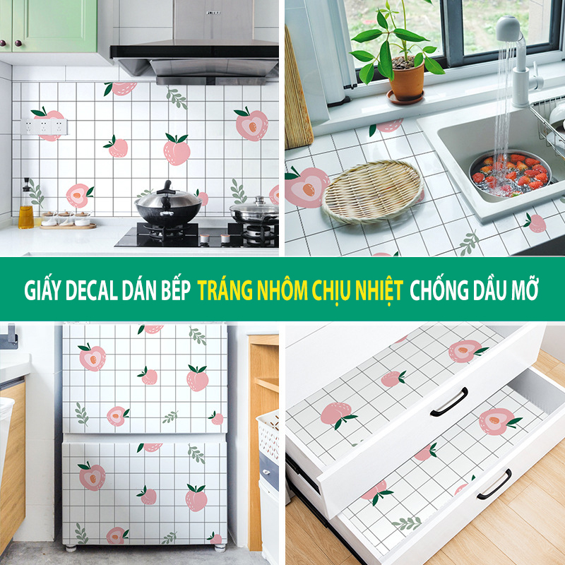 Cuộn 3m Giấy Decal Dán Bếp tráng nhôm Chịu Nhiệt chống dầu mỡ quả dâu tây