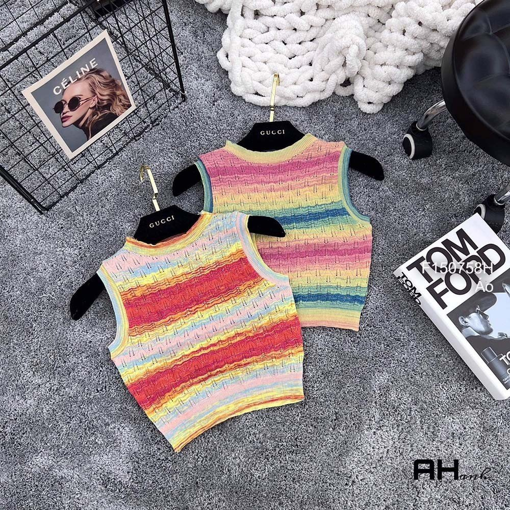 Áo len sọc dáng croptop phối loang màu sát nách hàng Qc!