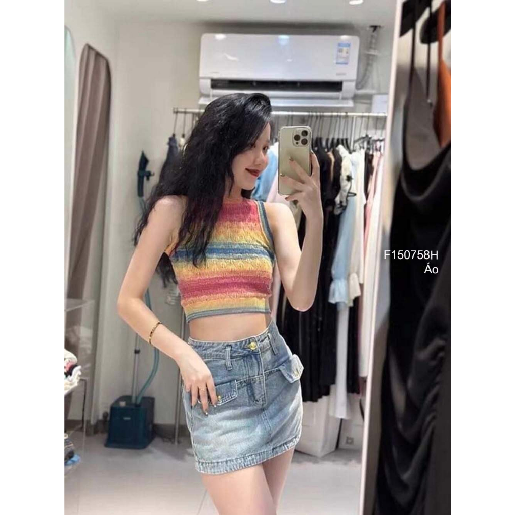 Áo len sọc dáng croptop phối loang màu sát nách hàng Qc!