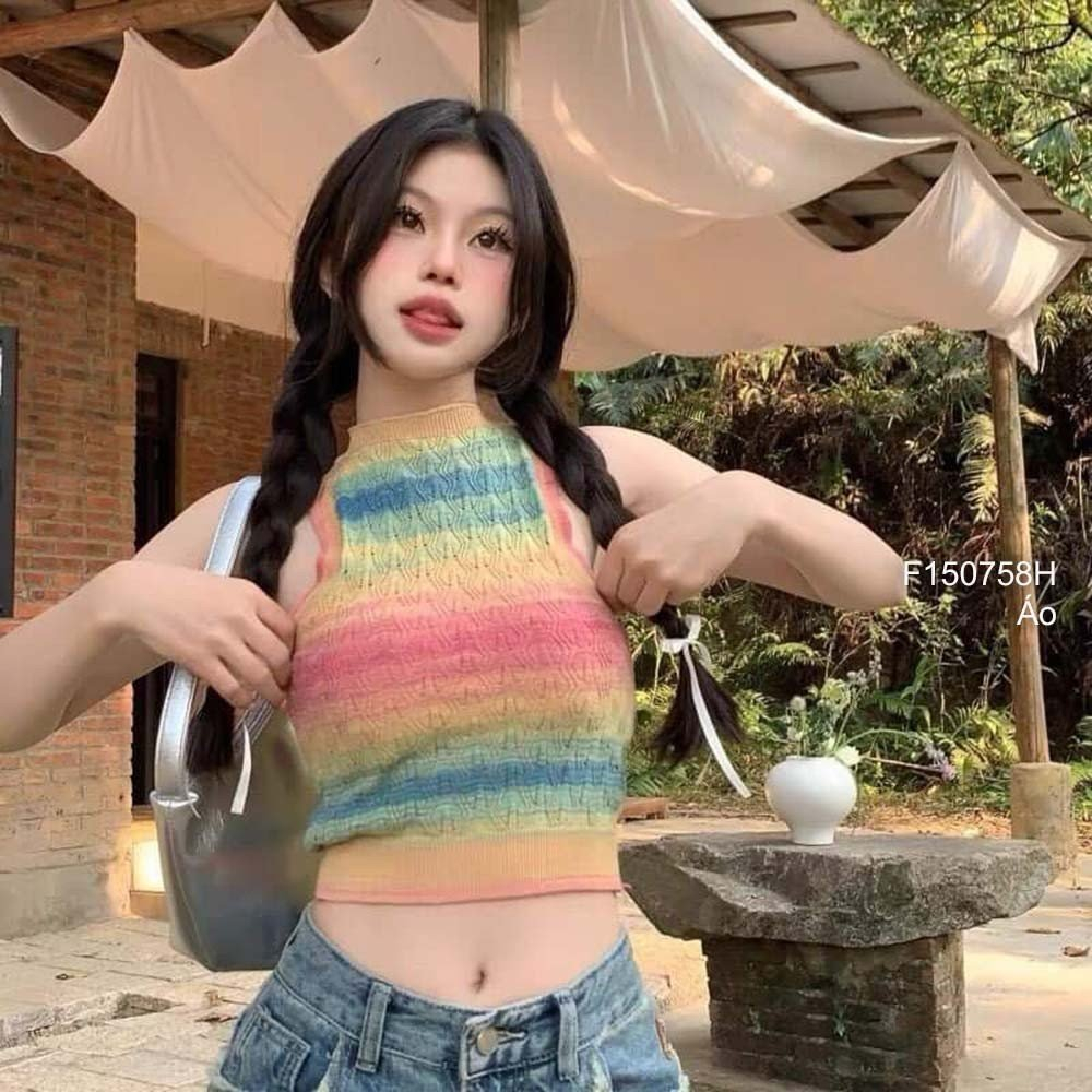 Áo len sọc dáng croptop phối loang màu sát nách hàng Qc!