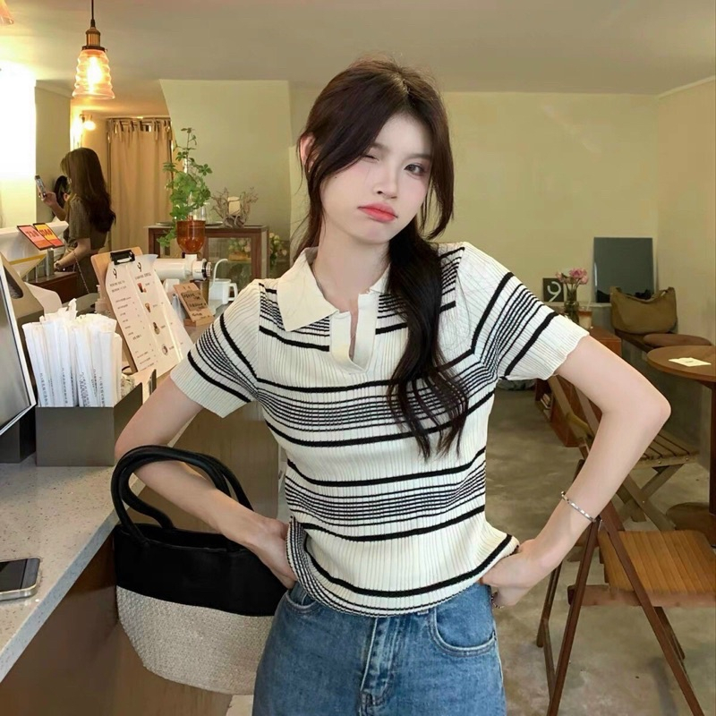 Áo Len Cộc Tay Nữ CHIPXINHXK cổ bẻ Polo chất liệu Len Tăm họa tiết Kẻ Ngang nhỏ phong cách Hàn Quốc - SCTA159