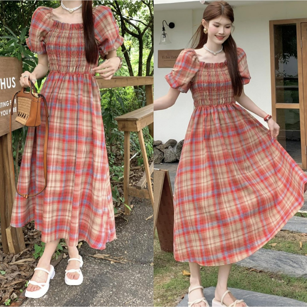 siêu rẻ- Đầm Váy Bầu Thiết kế zun ngực trẻ trung, váy kẻ caro đỏ xinh xắn,đi làm đi chơi,quà tặng