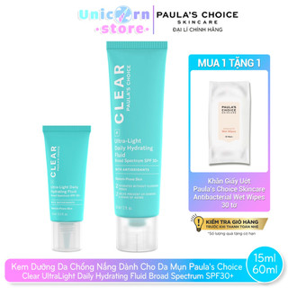 Kem Dưỡng Da Chống Nắng Dành Cho Da Mụn Paula's Choice Clear UltraLight Daily Hydrating Fluid Broad Spectrum SPF30+ 60ml