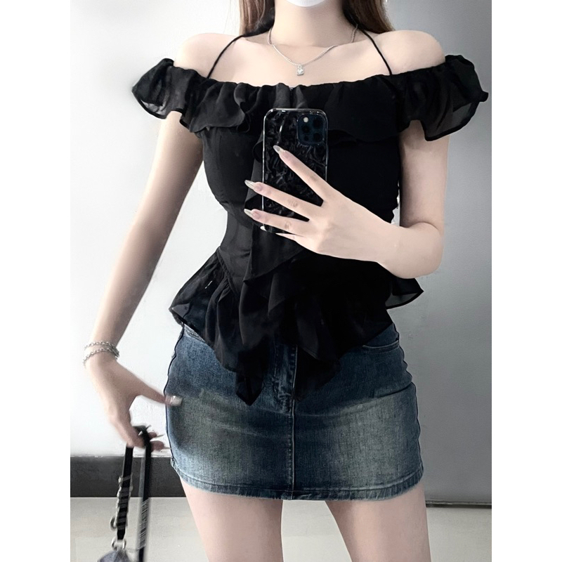 Áo trễ vai chất vải voan tơ lưng chun freesize- M35