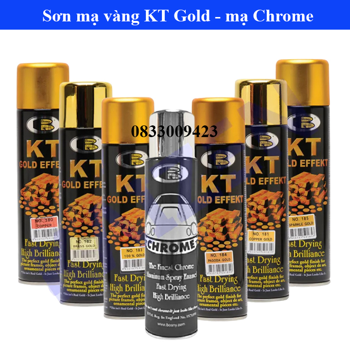SƠN XỊT MẠ Vàng- Sơn hiệu ứng vàng- xi vàng- mạ crome - KT gold effect Bosny Thái Lan