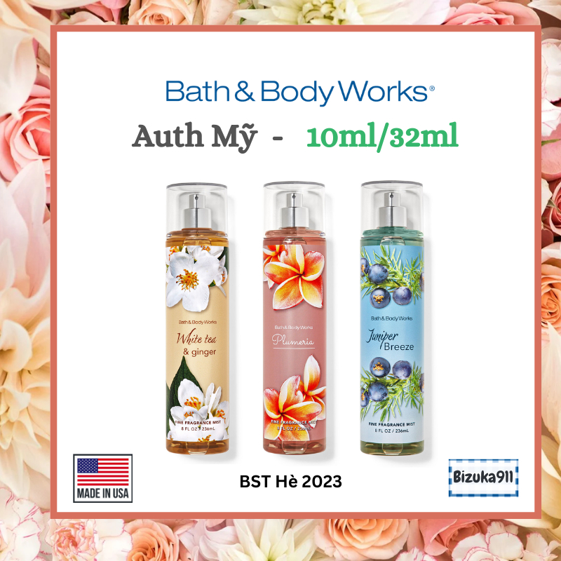 - White tea & ginger| Plumeria| Juniper Breeze - Body mist xịt thơm BBW - Auth Mỹ