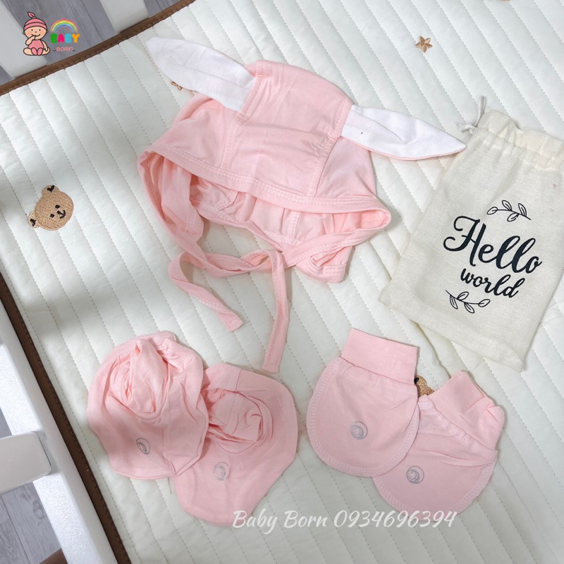 Anminaza - Phụ kiện sơ sinh mũ thỏ buộc dây và bao tay chân sợi tre mềm xinh cho bé AMI723A