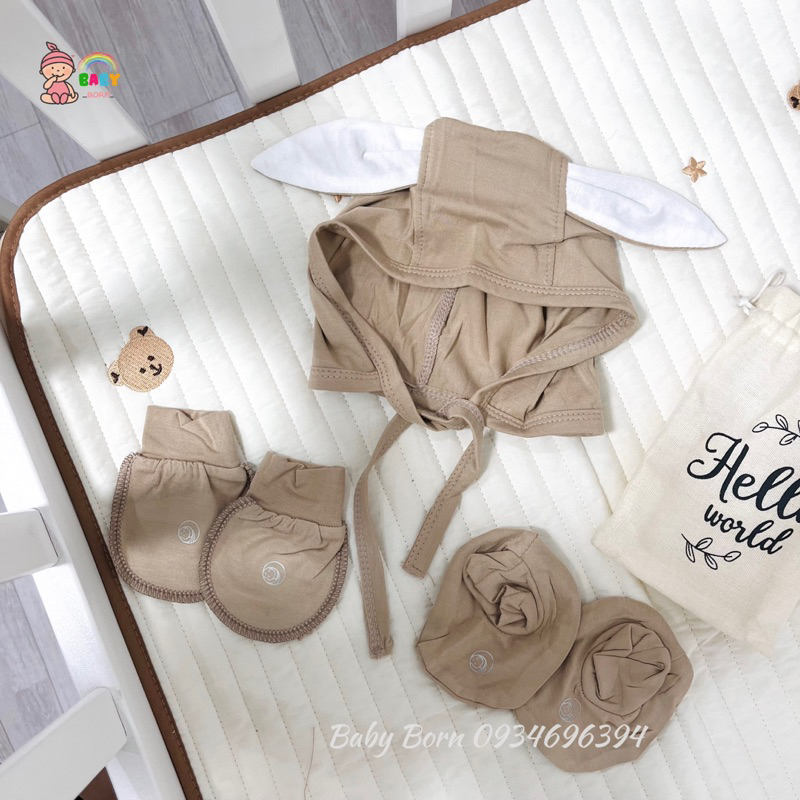 Anminaza - Phụ kiện sơ sinh mũ thỏ buộc dây và bao tay chân sợi tre mềm xinh cho bé AMI723A