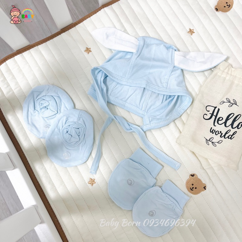 Anminaza - Phụ kiện sơ sinh mũ thỏ buộc dây và bao tay chân sợi tre mềm xinh cho bé AMI723A