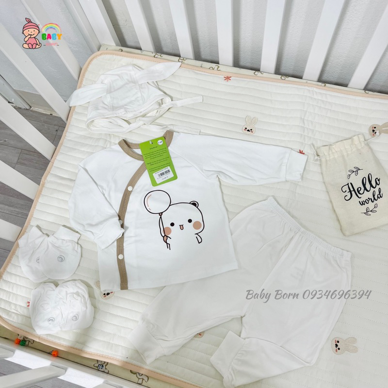 Anminaza - Bộ sơ sinh dài tay cài lệch và mũ sơ sinh thỏ buộc dây chất sợi tre mềm mịn cho bé AMI0723