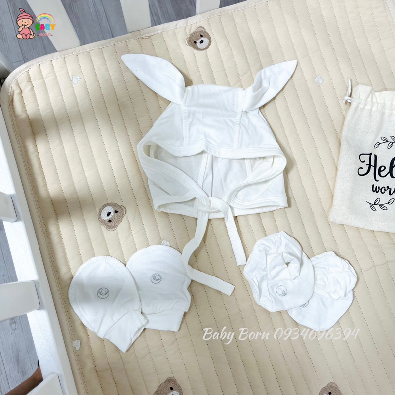 Anminaza - Phụ kiện sơ sinh mũ thỏ buộc dây và bao tay chân sợi tre mềm xinh cho bé AMI723A