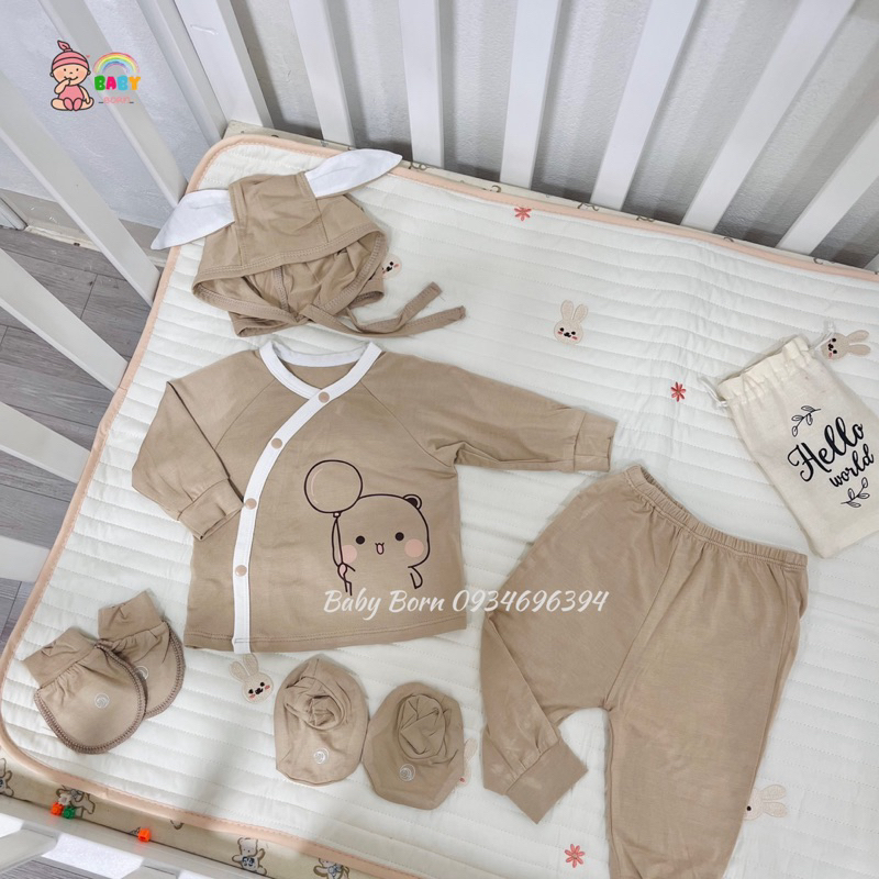 Anminaza - Bộ sơ sinh dài tay cài lệch và mũ sơ sinh thỏ buộc dây chất sợi tre mềm mịn cho bé AMI0723