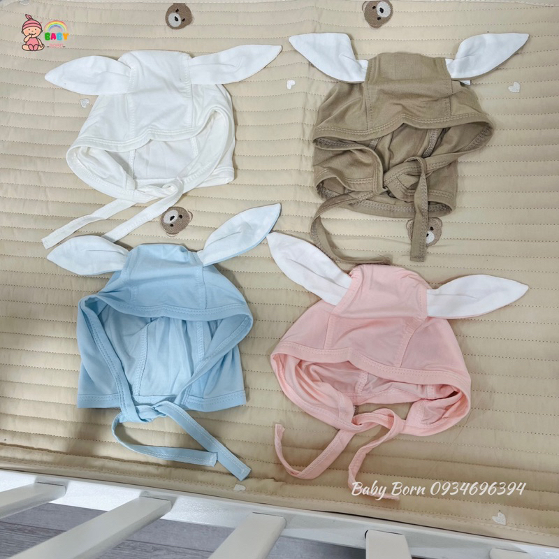 Anminaza - Phụ kiện sơ sinh mũ thỏ buộc dây và bao tay chân sợi tre mềm xinh cho bé AMI723A