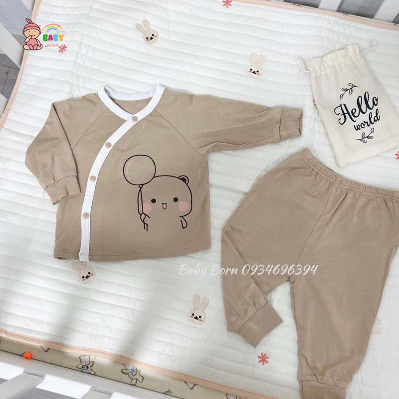 Anminaza - Bộ sơ sinh dài tay cài lệch và mũ sơ sinh thỏ buộc dây chất sợi tre mềm mịn cho bé AMI0723