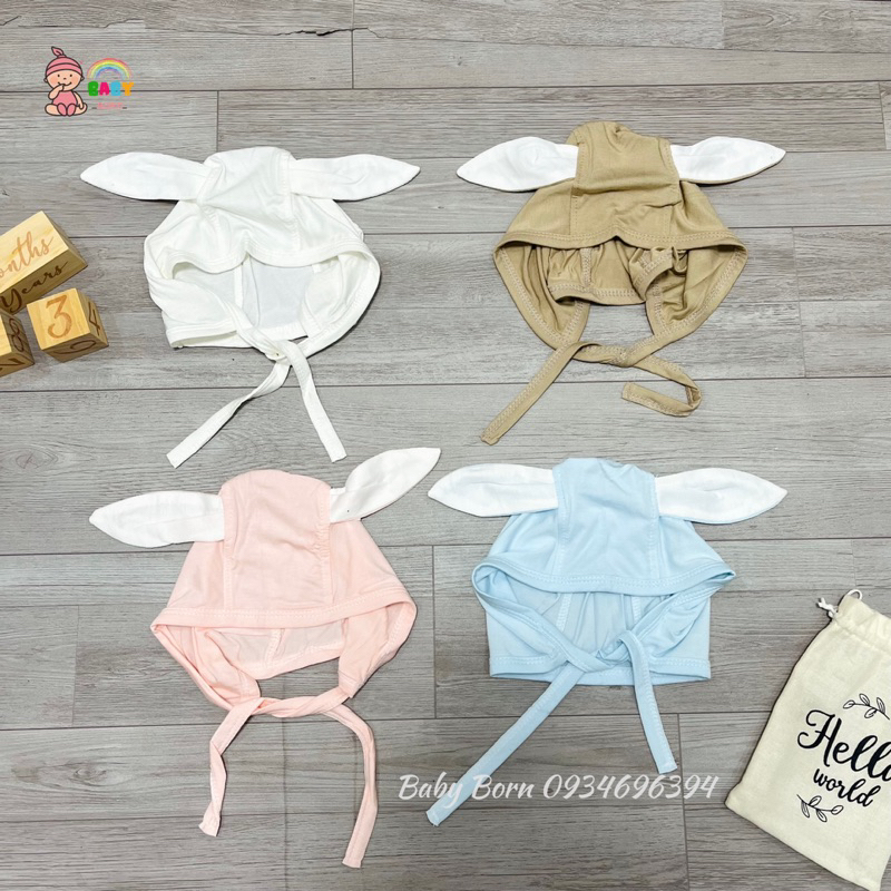 Anminaza - Phụ kiện sơ sinh mũ thỏ buộc dây và bao tay chân sợi tre mềm xinh cho bé AMI723A