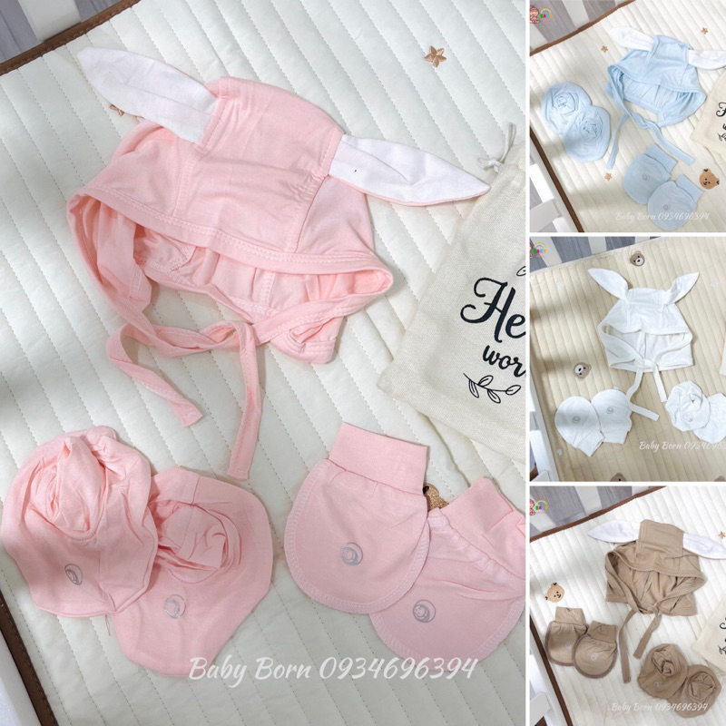 Anminaza - Phụ kiện sơ sinh mũ thỏ buộc dây và bao tay chân sợi tre mềm xinh cho bé AMI723A
