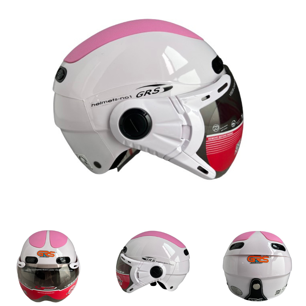 Mũ bảo hiểm Nửa đầu có kính cao cấp - GRS A102k - Trắng line hồng - Vòng đầu 54-57cm - Bảo hành 12 tháng