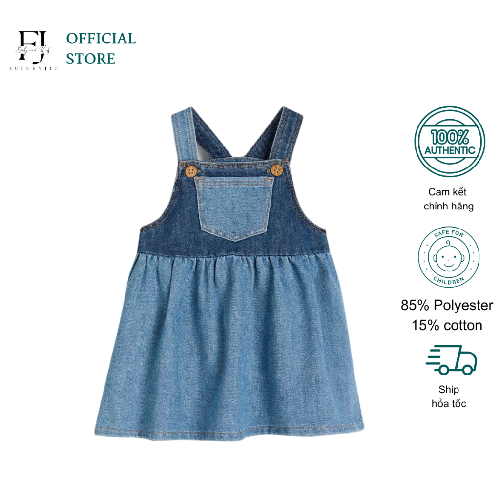 Váy yếm bé gái HM đầm jean xanh chất cotton chính hãng cho bé 1 -10 tuổi