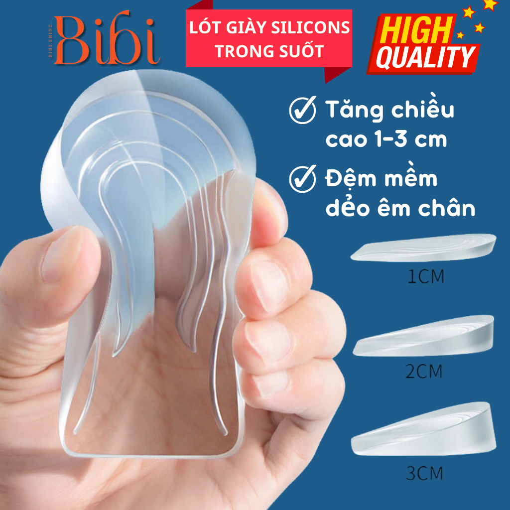 Lót đệm gót giày tăng chiều cao silicon trong suốt êm chân. Miếng độn gót giày tăng chiều cao silicon dẻo giảm đau chân