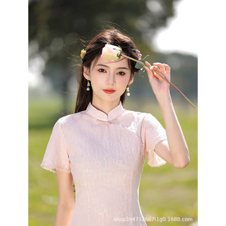 Sườn xám cách tân sườn xám dáng ngắn Hán phục Trung hoa đầm sườn xám dáng ngắn vải ren màu trắng sữa từ 43-65kg