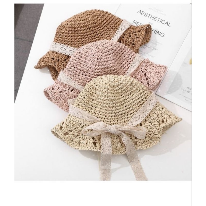 Mũ cối vành bèo đan tay thắt nơ trẻ em siêu dễ thương mang nhẹ dễ gắp gọn thích hợp đi chơi NaHi ngochieu1111