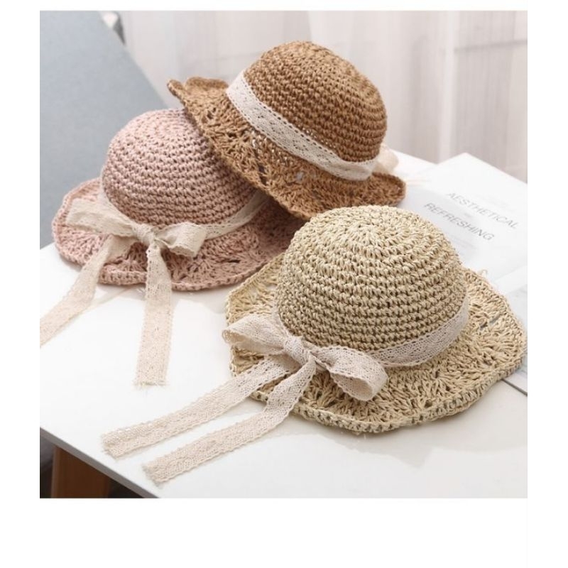 Mũ cối vành bèo đan tay thắt nơ trẻ em siêu dễ thương mang nhẹ dễ gắp gọn thích hợp đi chơi NaHi ngochieu1111