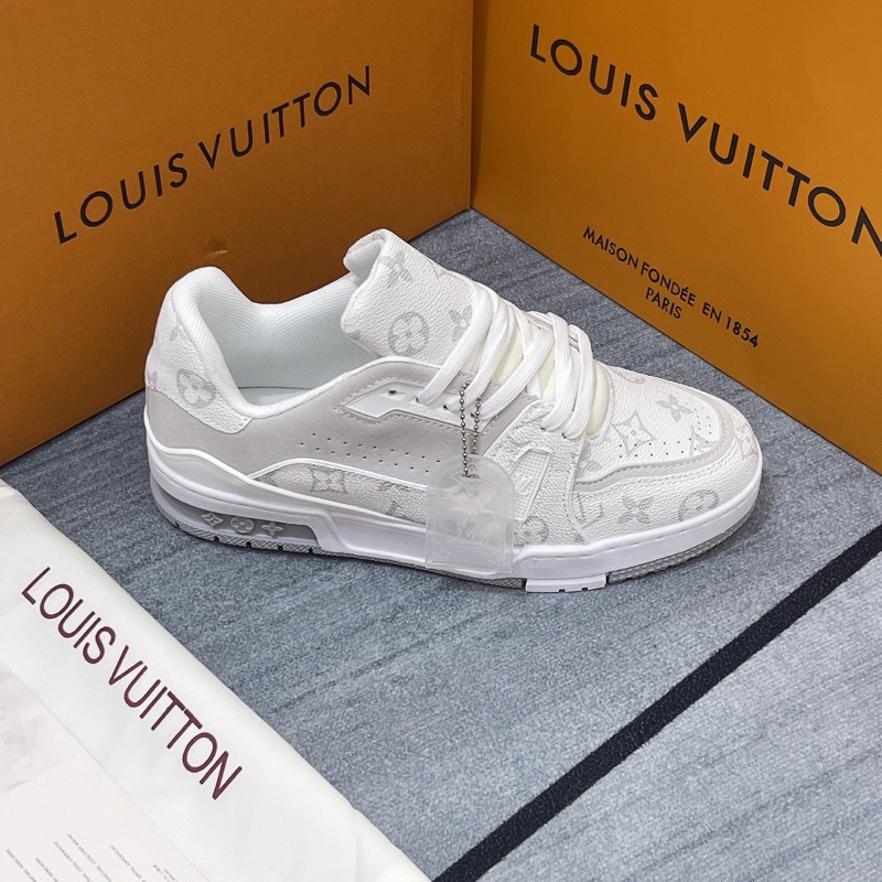 Giày Thể Thao Nam Nữ Loius Vuittonn Trainer White Grey Lai Au LV Xám Trắng Họa Tiết
