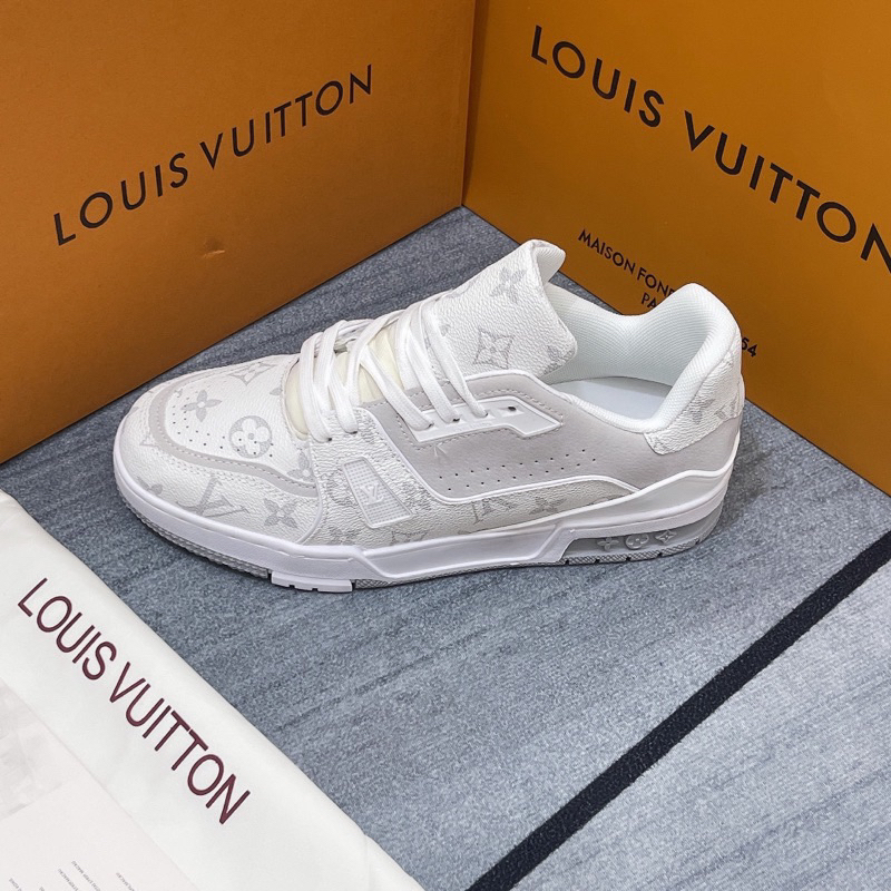 Giày Thể Thao Nam Nữ Loius Vuittonn Trainer White Grey Lai Au LV Xám Trắng Họa Tiết