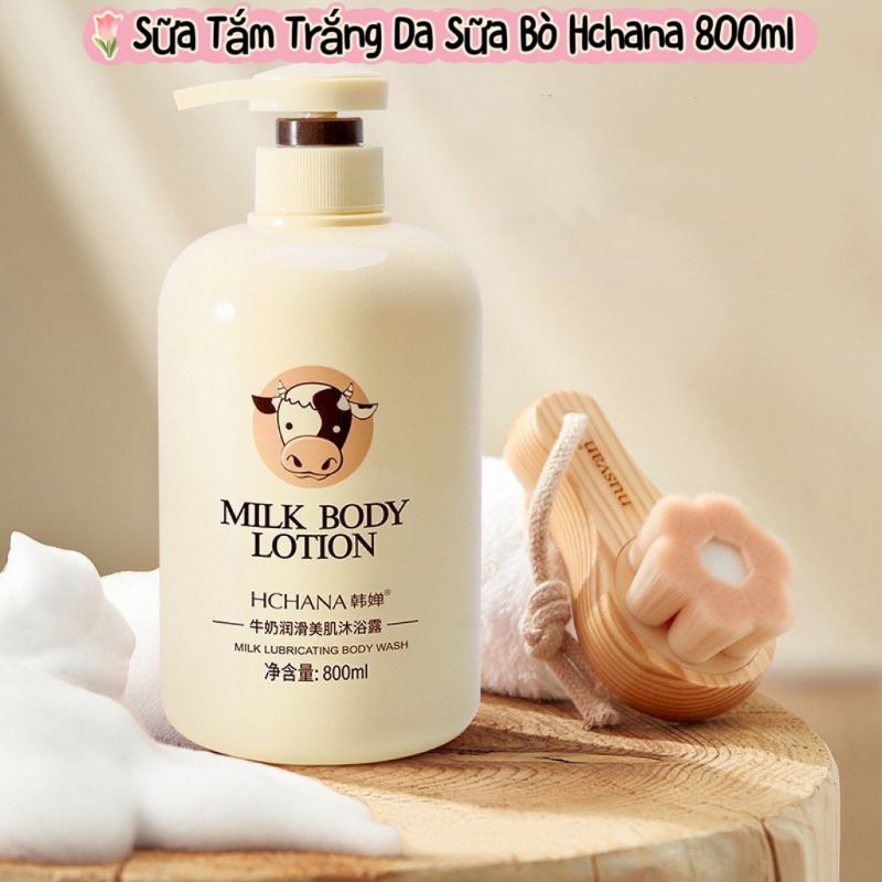 Sữa Tắm Hchana 800ml Chiết Xuất Tình Chất Sữa Bò Giúp Cấp Ẩm Và Dưỡng Trắng Da, Giảm Thâm Sạm, Giúp Da Mịn Màng Tươi Trẻ