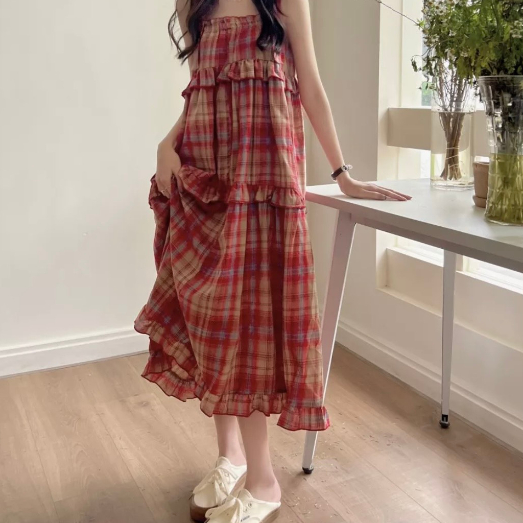 Đầm vintage kẻ caro đỏ, váy 2 dây buộc nơ vai, maxi dáng dài babydoll xếp bèo 3 tầng cực xinh - mã SV14 HMStyle