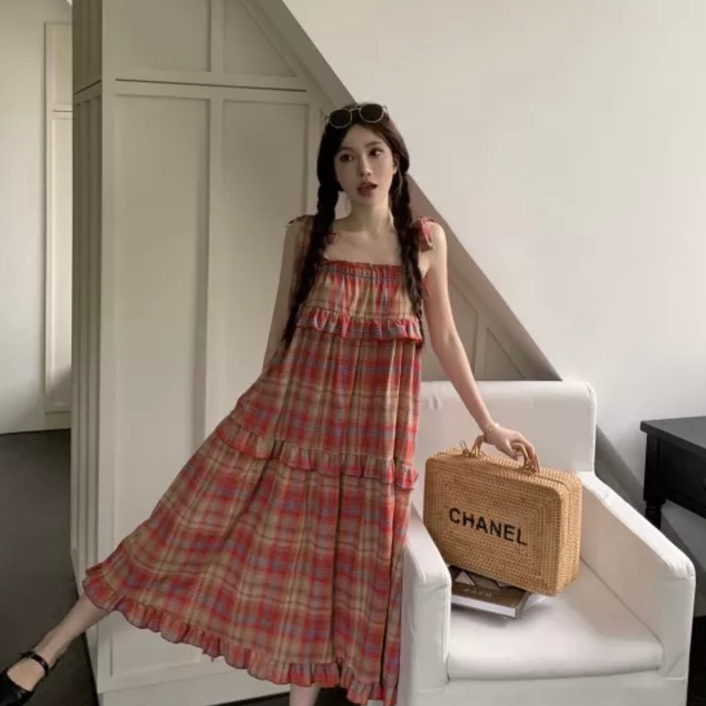 Đầm vintage kẻ caro đỏ, váy 2 dây buộc nơ vai, maxi dáng dài babydoll xếp bèo 3 tầng cực xinh - mã SV14 HMStyle