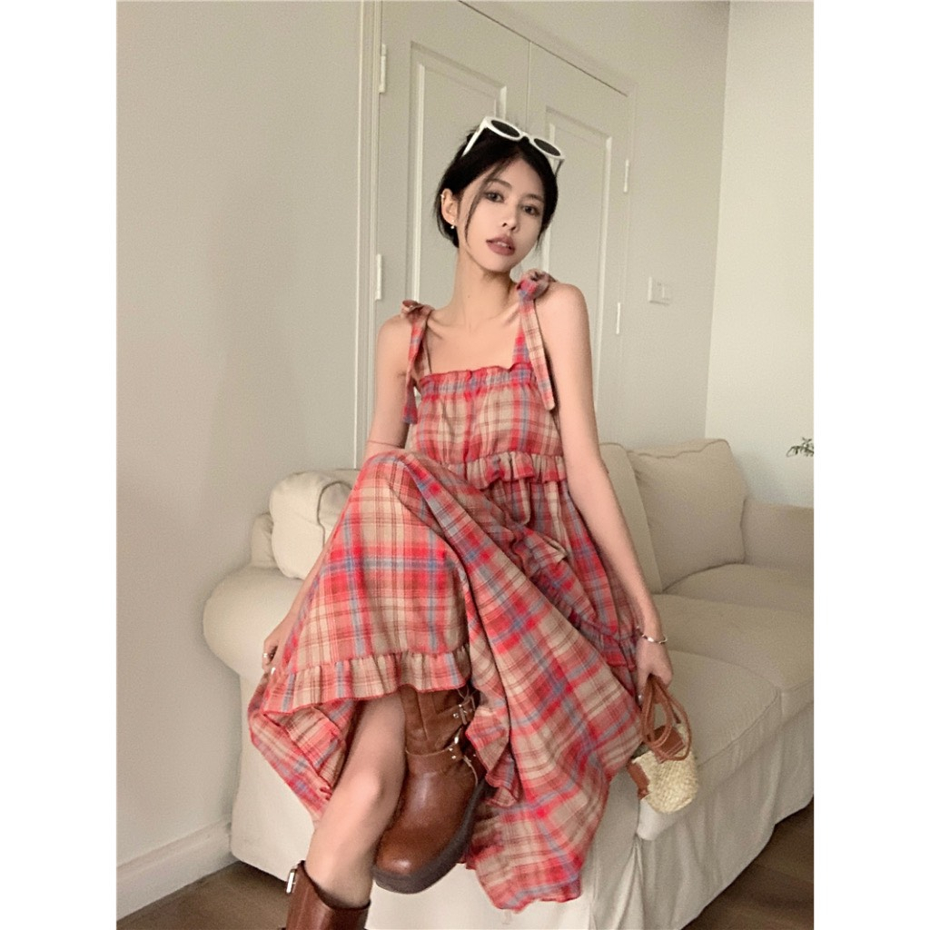 Đầm vintage kẻ caro đỏ, váy 2 dây buộc nơ vai, maxi dáng dài babydoll xếp bèo 3 tầng cực xinh - mã SV14 HMStyle